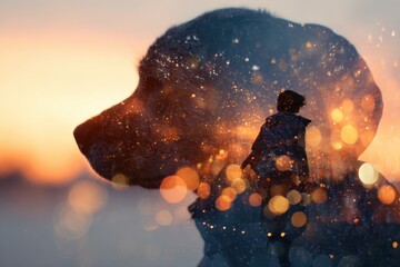 Silhouette of dog head with double exposure showing a small figure walking at sunset with abstract lights and colors in the background