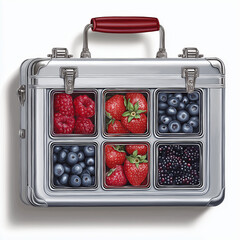 Fruit-filled metal lunchbox with berries and strawberries