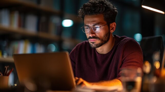 Young serious indian professional business man, focused ethnic male student wearing glasses working on laptop, remote studying using computer looking at screen watching seminar webinar at home office - Powered by Adobe