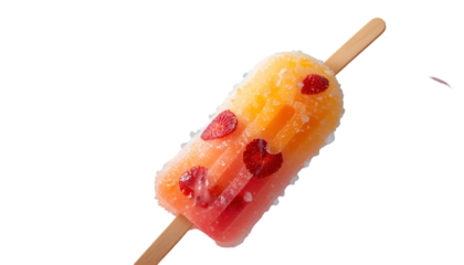 Delicious looking fruit popsicle with strawberry slices and a refreshing orange flavor on a black studio background, transparent background