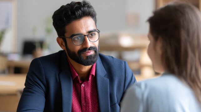 Indian male hr specialist manager, employer, boss listening female latin candidate at job interview, consulting client at office meeting. Hiring and employment, human resources, recruitment concept.,