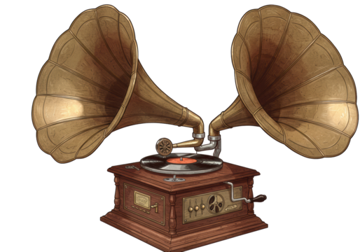 Isolated Ornate Vintage Gramophone with Double Horns