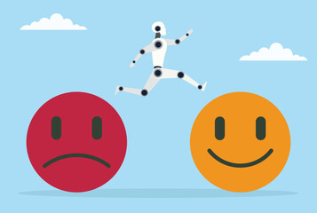 Vector illustration of a robot jumping from a sad icon to a happy icon, symbolizing AI’s ability to overcome challenges and shift from problems to positive outcomes
