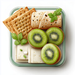 Healthy snack plate with kiwi, cheese, crackers, and herbs
