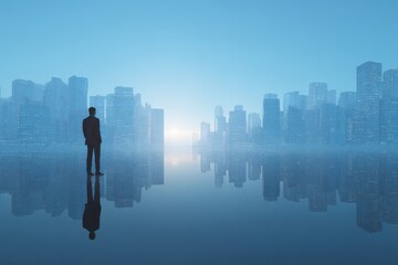 Businessman contemplates future while observing a misty city skyline at dawn with buildings reflecting in calm water