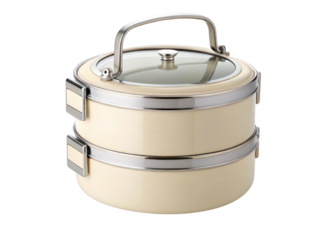 Stylish cream colored two tiered food carrier with glass lid and metal handle isolated on transparent background