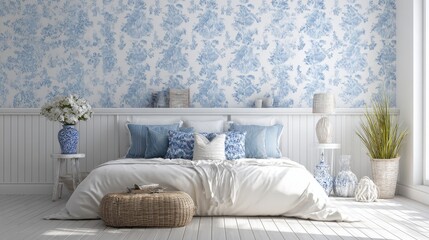 Fototapeta premium Relaxing bedroom interior with white and blue decorations, double bed and wallpaper, no logos, no brands