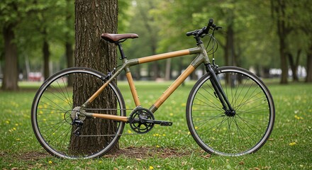 Fototapeta premium Wooden Frame Bicycle Leaning Against Tree in Park on Green Grass