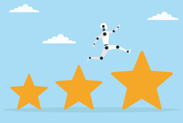 Vector illustration of a robot leaping from a small star icon to a large one, symbolizing AI’s growth from modest beginnings to shining success and greater impact
