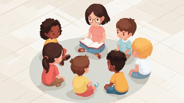Teacher reading fairy tales to children sitting in a circle at library. Top view of librarian sitting with five multiethnic children on floor. Teacher reading book to girls and young boys at school.,