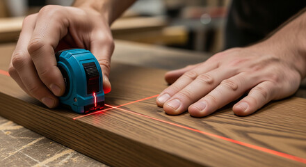 Carpenter utilizes a laser measuring tool to precisely mark lines on a piece of lumber for woodworking project