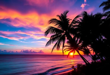 Silhouetted palms at sunset, vibrant tropical ocean, image, aesthetic