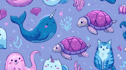 Obraz premium Mermaid seamless pattern. Narwhal and turtle, cartoon cat with fish tail. Cute sea creature, fabric print with beautiful mythical creatures, nowaday vector background, no logos, no brands