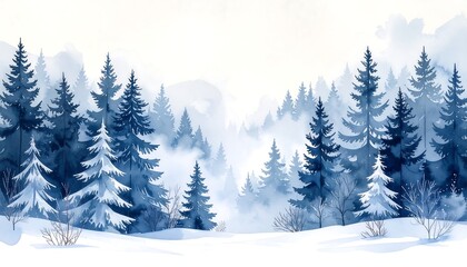 Winter forest landscape, misty blue pines