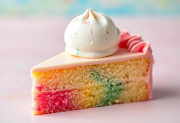 Pastel-colored cake slice topped with a scoop of ice cream,  treat,  vibrant