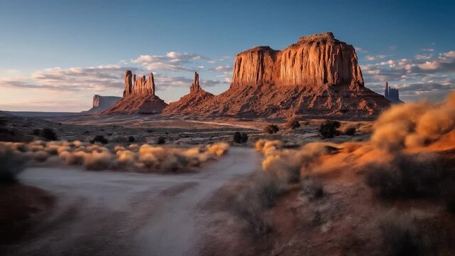 Monument Valley Majesty: A vast, cinematic vista unfolds in Monument Valley, showcasing the iconic mesas and buttes under the warm glow of sunrise or sunset.
