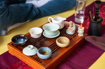 Tea ceremony at home. Tea drinking tradition. Buddhism