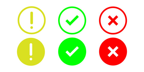 Check box icon. right and wrong buttons. yes or no checkmark icons.  exclamation mark information icon. check mark icon button set. In green tick box and red cross.