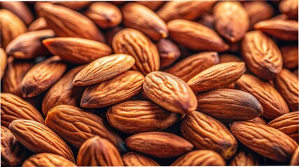 Fototapeta premium A close-up of a natural, healthy pile of raw brown almonds on a white background