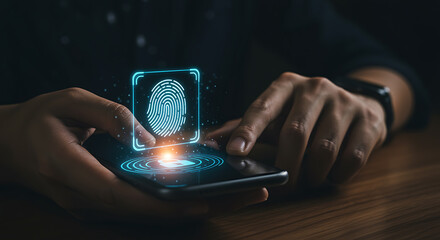 Person scanning fingerprint on smartphone screen for digital security and data protection