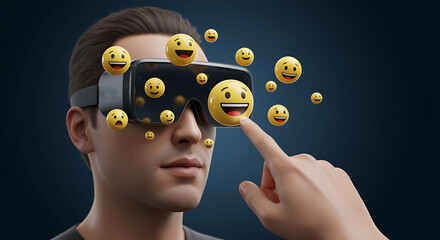 Man interacting with floating emoji in virtual reality experience and using vr headset.