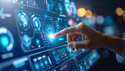 Interactive Digital Interface: A hand interacts with a futuristic digital interface, showcasing glowing icons and data points.  The image evokes feelings of innovation, technology, and progress.