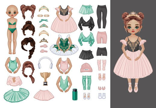 Ballerina paper doll set: mix-and-match outfits, hairstyles, shoes, accessories. Printable vector template for crafts, DIY projects, kids' creative activities, and ballet-themed sticker design