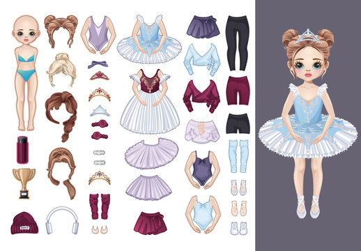 Paper ballerina doll with clothes, mix-and-match outfits, hairstyles, and accessories &ndash; printable sticker pack for kids&rsquo; crafts, dress-up games, and DIY projects