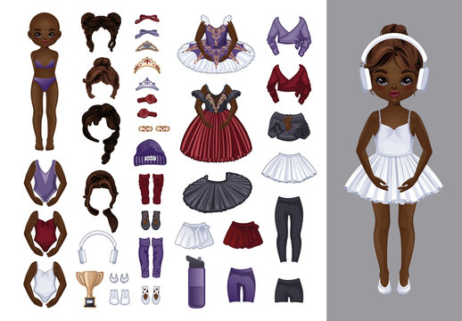 Ballerina paper doll with mix-and-match clothes, hairstyles, and accessories, ideal for kids&rsquo; crafts, printable sticker packs, and DIY projects, detailed vector illustrations and isolated elements