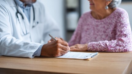 Indian male doctor consulting senior old patient filling form at consultation. Professional physician wearing white coat talking to mature woman signing medical paper at appointment visit in clinic.,