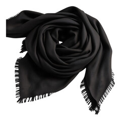 Elegant black scarf with fringe detail, draped and styled.