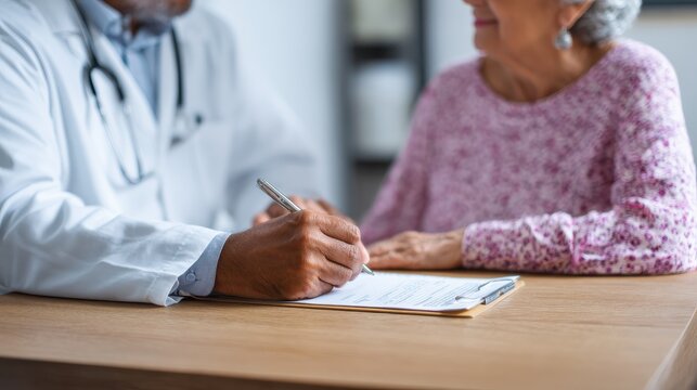 Indian male doctor consulting senior old patient filling form at consultation. Professional physician wearing white coat talking to mature woman signing medical paper at appointment visit in clinic.,