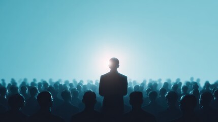 Man giving speech in front of backlit audience on light blue background. Speaker and leadership concept, no logos, no brands