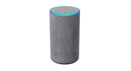 Smart home device presents a modern aesthetic with its fabric texture, surrounded by a glowing blue ring against a transparent background, symbolizing intelligent connectivity and sleek design.