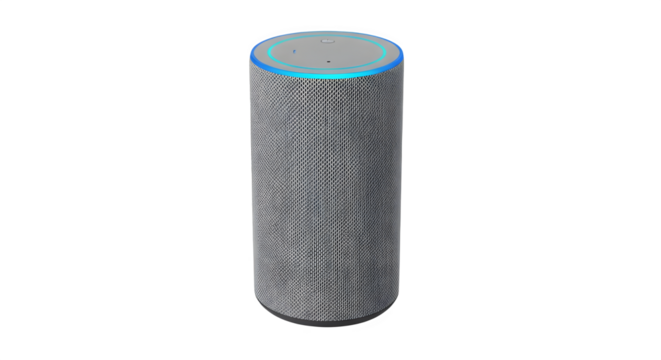 Smart home device presents a modern aesthetic with its fabric texture, surrounded by a glowing blue ring against a transparent background, symbolizing intelligent connectivity and sleek design.