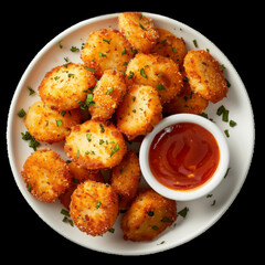Golden fried gnocchi bites with spicy dipping sauce isolated on transparent background