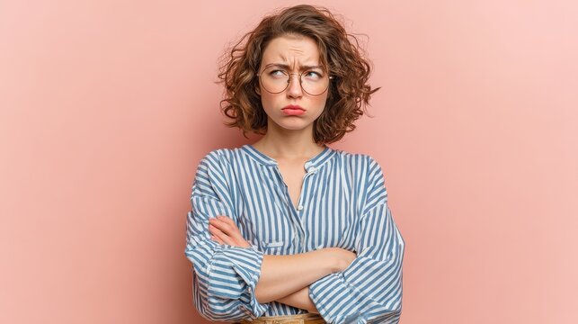 Photo of offended displeased angry woman stands with insulted look and crossed hands, sulks while looking away, wears round glasses and blue striped shirt, isolated over rosy wall, copy space, no log
