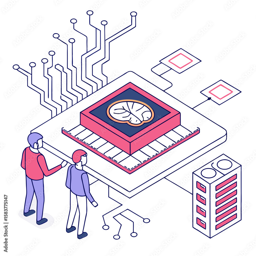 Poster ai brain core surrounded by circuit architecture and digital neural pathways, modern vector illustra