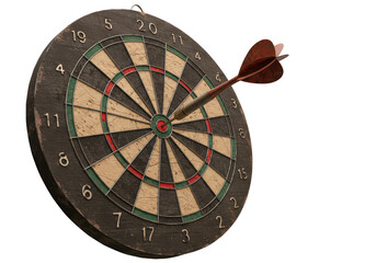 Isolated Used Dartboard with Dart in Bullseye