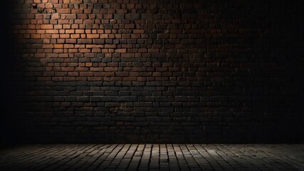 HD obsidian wall: Deep black, weathered bricks; subtle graphite hues. Single raking light emphasizes gritty texture & shadows. Bold, industrial.