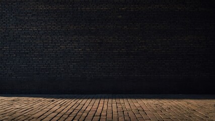 Vast, monolithic obsidian wall: Weathered, dark bricks with faint mortar. Raking light, intense shadows, gritty texture. Moody, industrial.