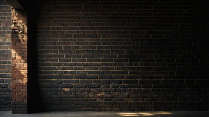HD obsidian wall: Deep black, weathered bricks; subtle graphite hues. Single raking light emphasizes gritty texture & shadows. Bold, industrial.