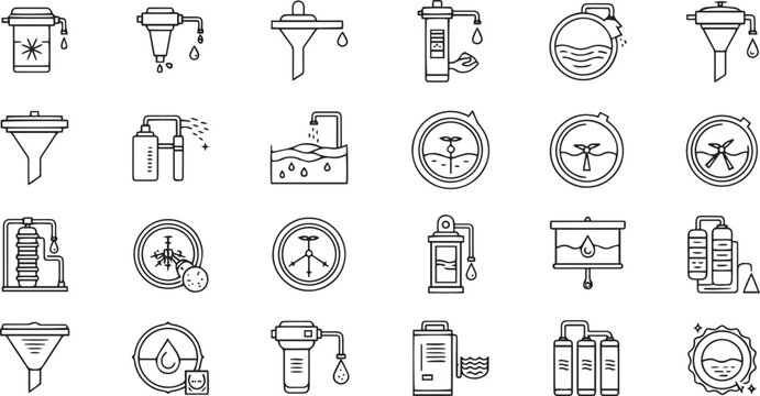 Assorted collection of black and white line art illustrations depicting various filtration processes and devices