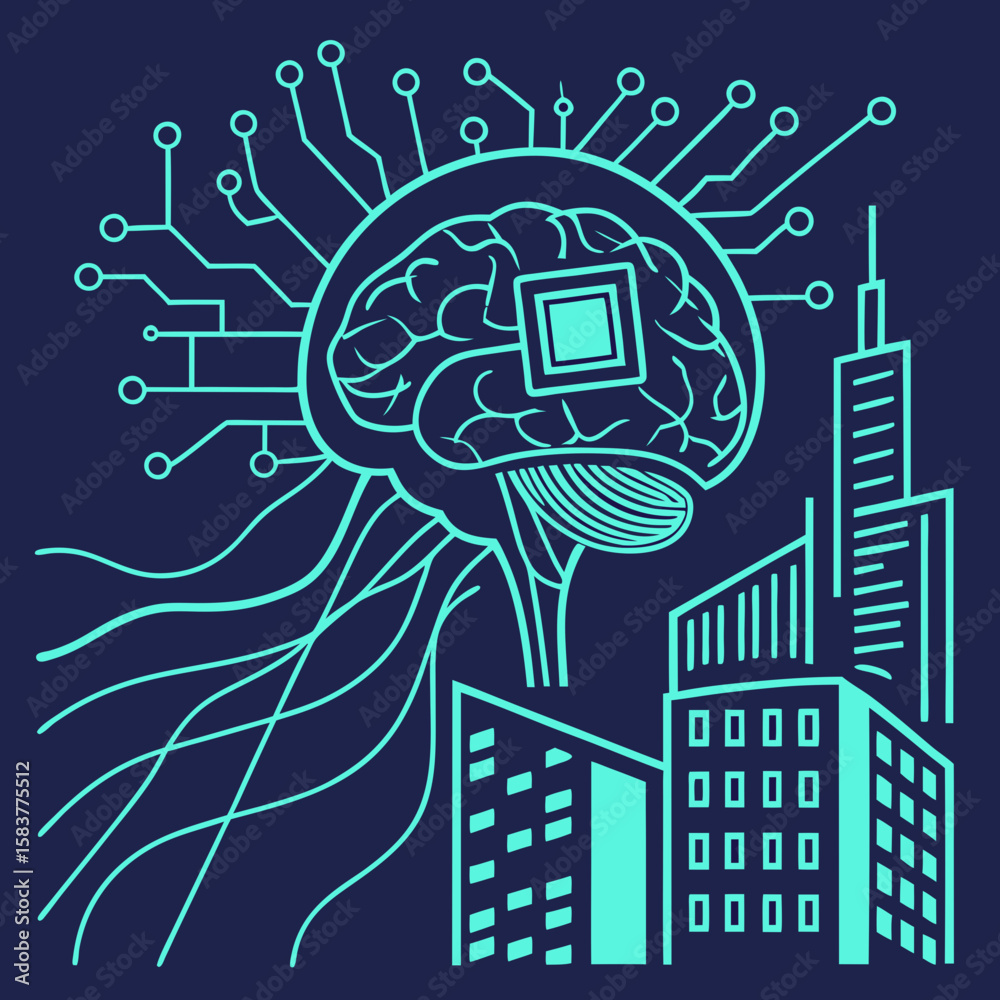 Poster neural brain chip emitting data streams and connected through digital networks, vector art in lumino