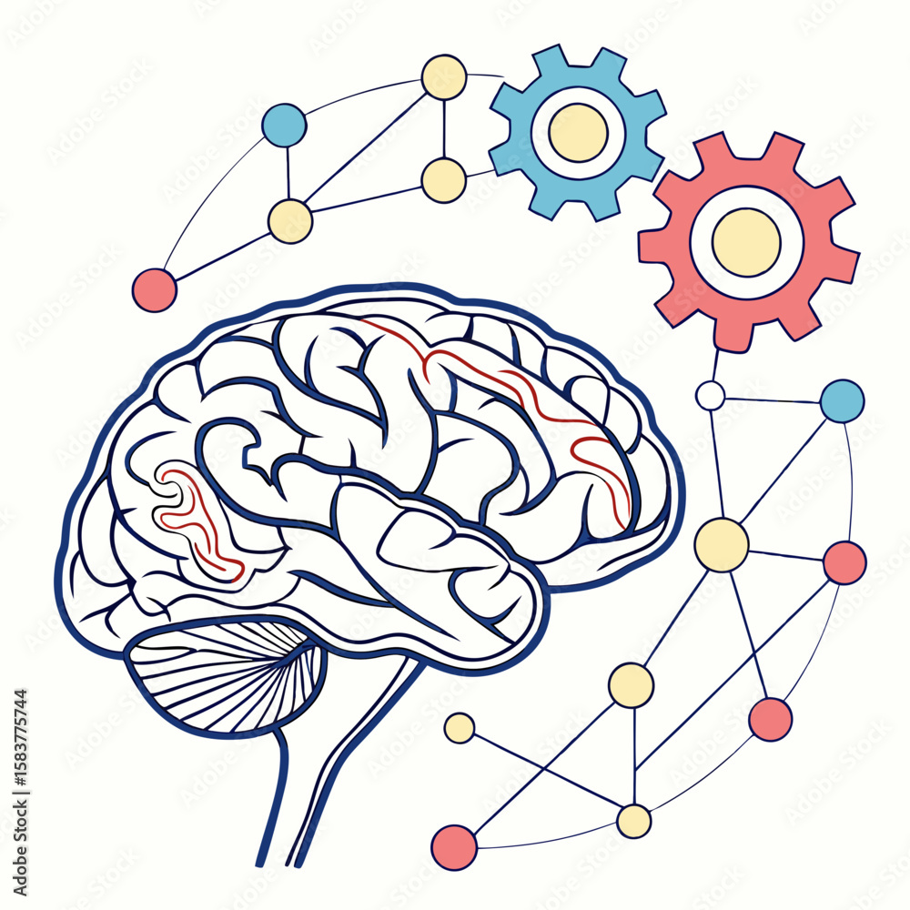 Poster 3d-style vector illustration of neural connections forming a brain structure with data flow lines, r