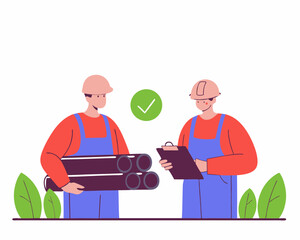 Construction workers inspecting pipes in vector illustration depicting project approval with check mark symbolizing successful outcome