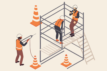 Isometric construction workers on scaffolding with safety cones perfect for design and illustration projects