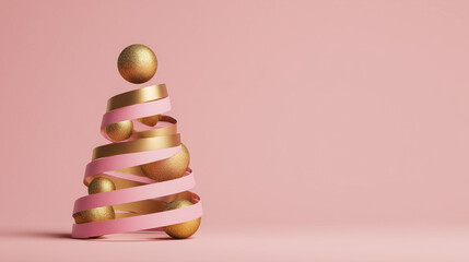 This creative holiday composition features a ribbon-formed tree with a golden ball, capturing festive elegance in a modern, minimal style.

