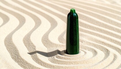  A surreal minimalist scene with a green zucchini on a zen sand garden podium for a wellness product display. Generated image