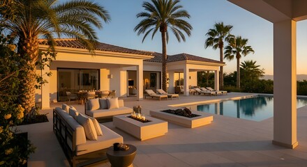 Luxurious outdoor patio area of a modern villa at sunset, featuring a pool and fire pit.
